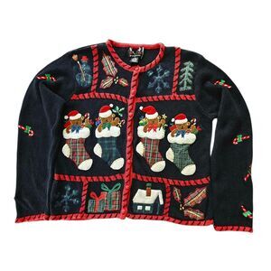 Vtg Christmas Cardigan Womens M Embroidered Teddy Bear Stockings Black  Novelty